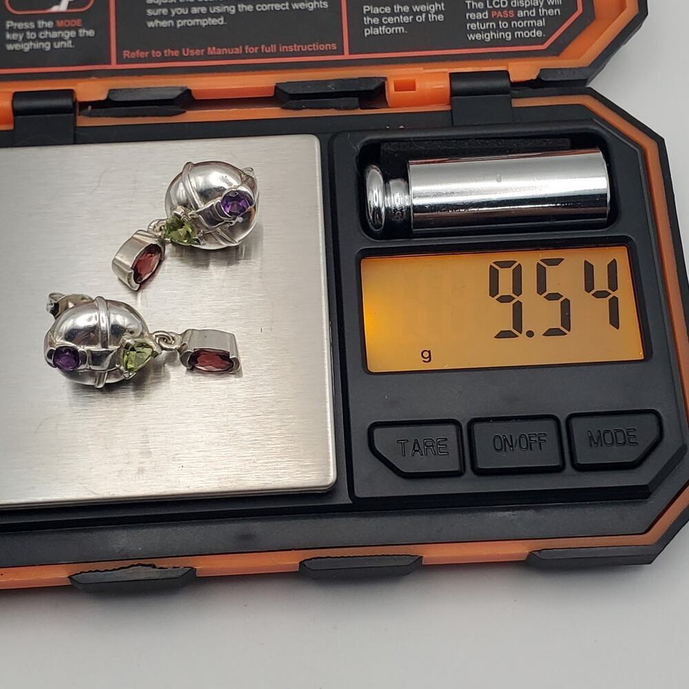 Vintage 925 Sterling Silver Multistone Post Earrings Amethyst Peridot Garnet - Picture 6 of 6